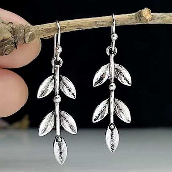 Silver Leaf Drop Flower Boho Vintage Hook Minimalist Earrings - Picture 3 of 6